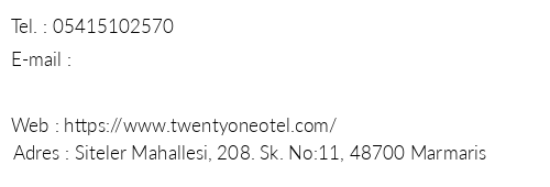 Twenty One Hotel telefon numaralar, faks, e-mail, posta adresi ve iletiim bilgileri